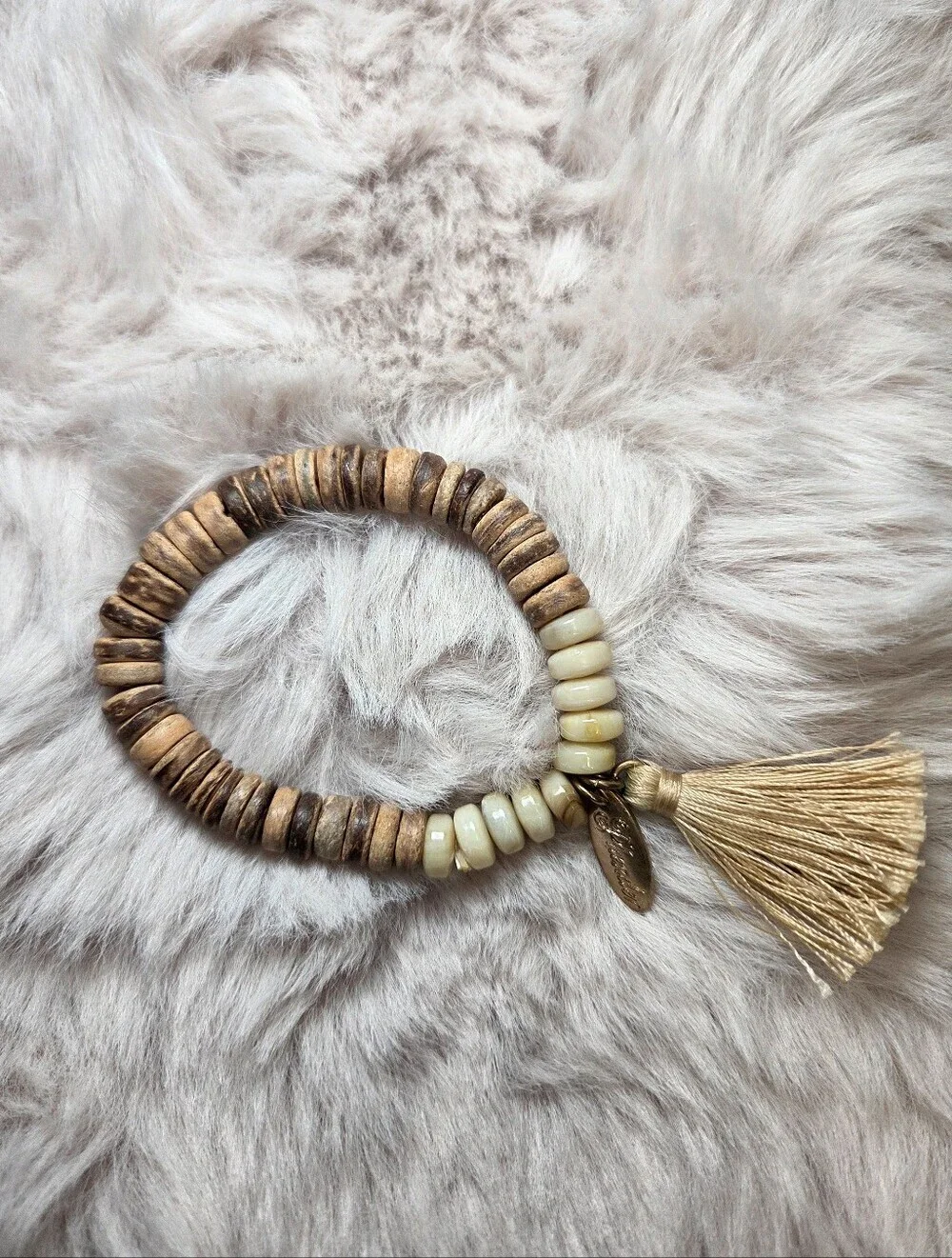 Plunder Natural Wood and Cream Boho Tassel Bracelet